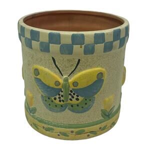 Vintage 2001 Debbie Mumm Painted Terra Cotta Butterfly Jar Candle Holder